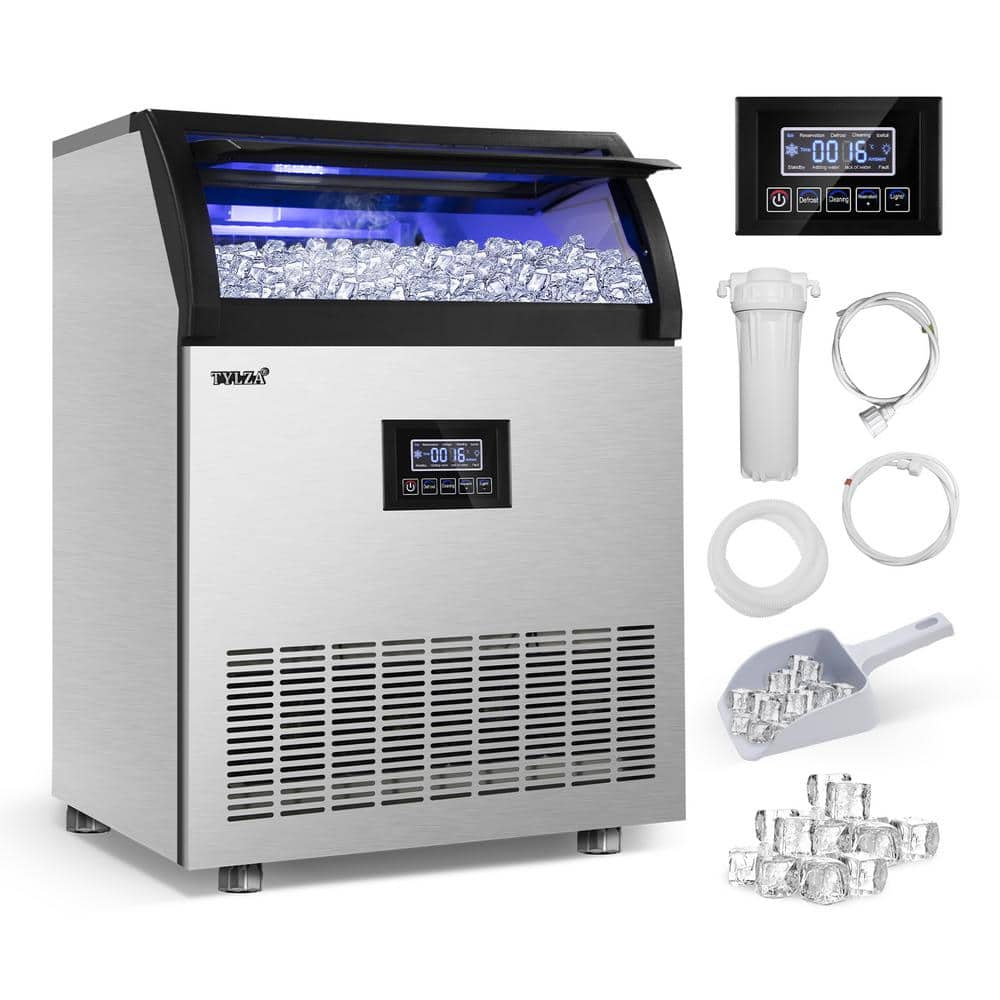 25 in. 200 lbs. Per Day Freestanding Ice Maker in Silver 90 Ice Cubes/Cycle with Water Filter and Interior Blue Light - Stu's Home Improvement Outlet