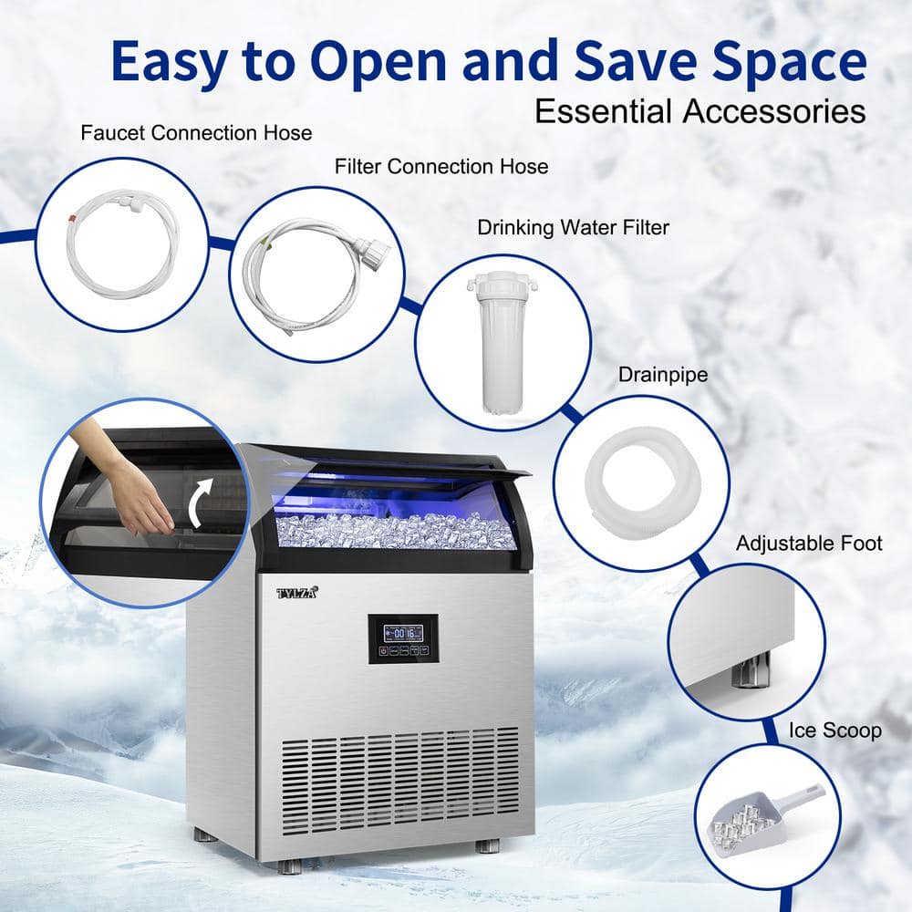 25 in. 200 lbs. Per Day Freestanding Ice Maker in Silver 90 Ice Cubes/Cycle with Water Filter and Interior Blue Light - Stu's Home Improvement Outlet