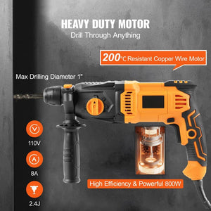 8 Amp 1 in. SDS - Plus Rotary Hammer Drill, Corded, Heavy Duty with Safety Clutch, Electric Demolition Hammer for Concrete - Stu's Home Improvement Outlet