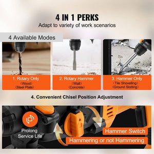 8 Amp 1 in. SDS - Plus Rotary Hammer Drill, Corded, Heavy Duty with Safety Clutch, Electric Demolition Hammer for Concrete - Stu's Home Improvement Outlet