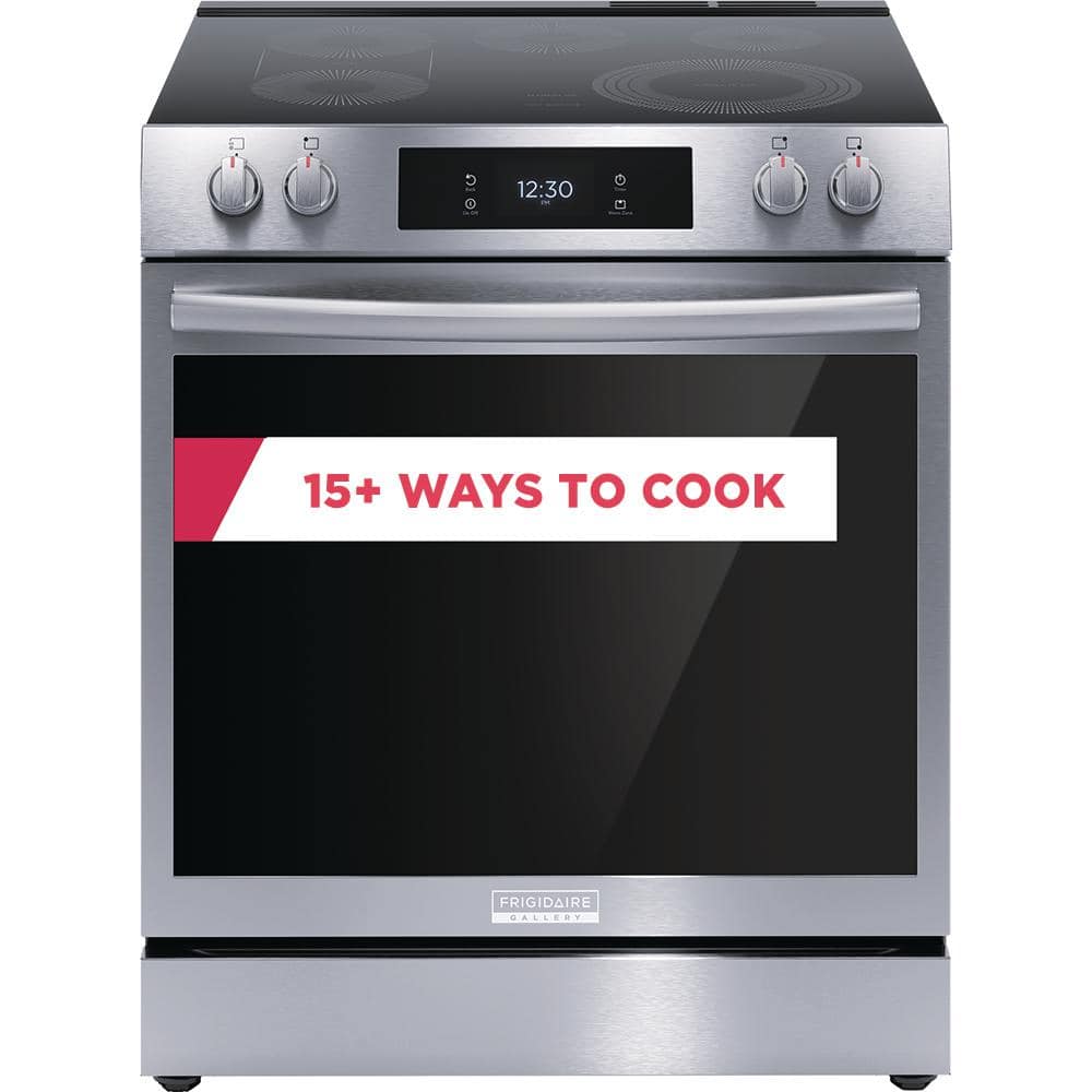 Modern stainless steel oven with a digital display, featuring "15+ WAYS TO COOK" on the glass.