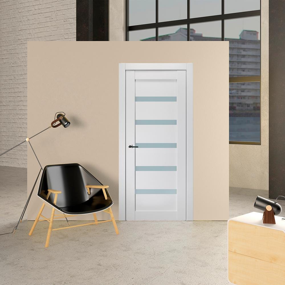 Leora 28 in. x 79.375 in. No Bore 5-Lite Frosted Glass Snow White Prefinished Solid Composite Wood Interior Door Slab