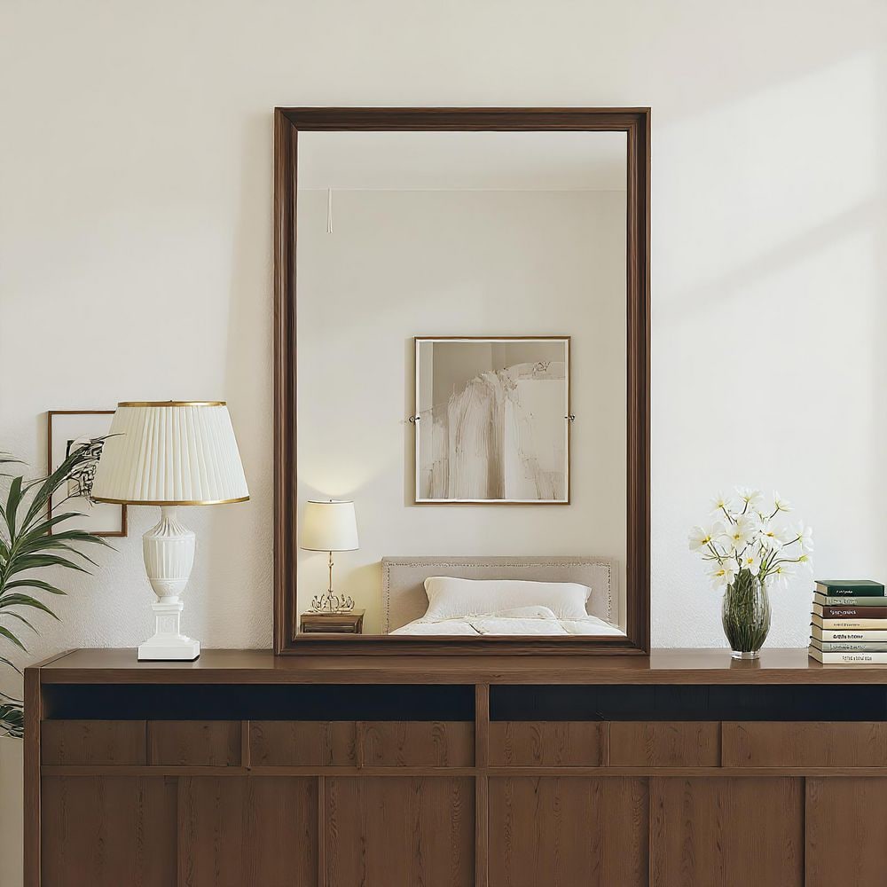 22 in W x 30 in. H Rectangle Wood Retro Brown Framed Wall Mirror Vanity Mirror