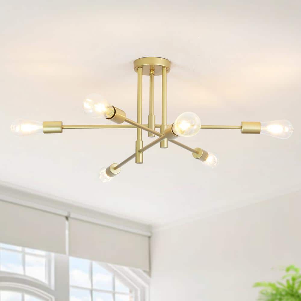27.56 in. 6 - Light Spray Gold Dimmable Sputnik Chandelier Modern Linear Semi Flush Mount Ceiling Light for Living Room - Stu's Home Improvement Outlet