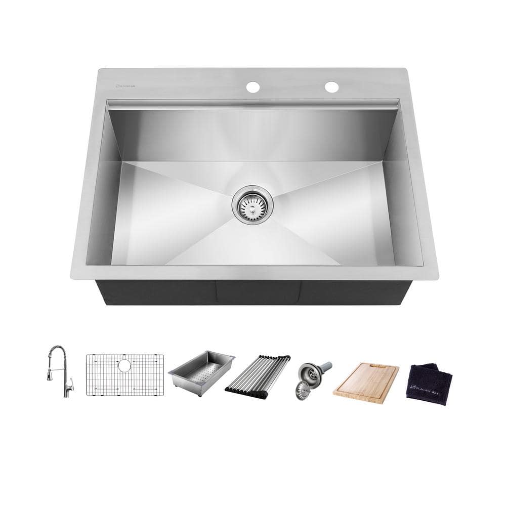 Zero Radius 30 in. Drop - In Single Bowl 18 Gauge Stainless Steel Workstation Kitchen Sink with Spring Neck Faucet - Stu's Home Improvement Outlet