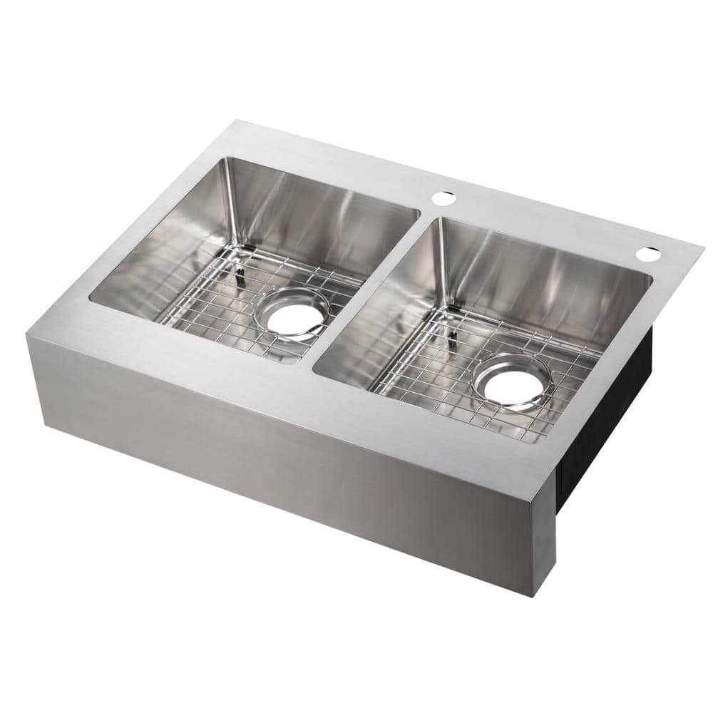 Retrofit Drop - In/Undermount Stainless Steel 33 in. 2 - Hole 50/50 Double Bowl Flat Farmhouse Apron Front Kitchen Sink - Stu's Home Improvement Outlet