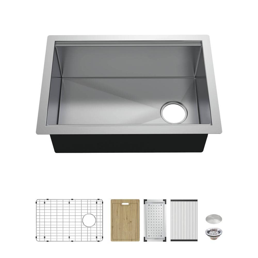 Professional Zero Radius 27 in Undermount Single Bowl 16 Gauge Stainless Steel Workstation Kitchen Sink with Accessories