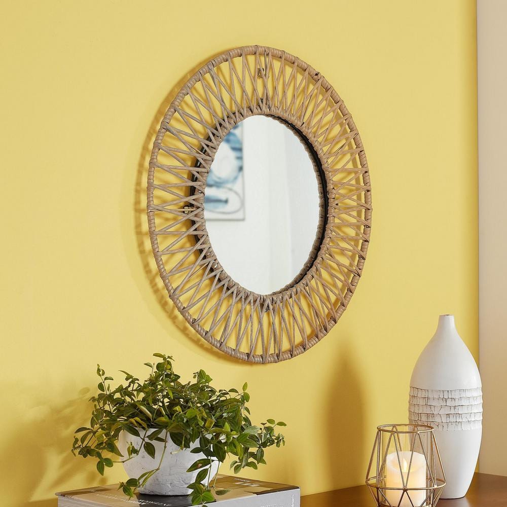 Medium Round Brown Modern Accent Mirror with Polyrattan Braiding (24 in. Diameter)