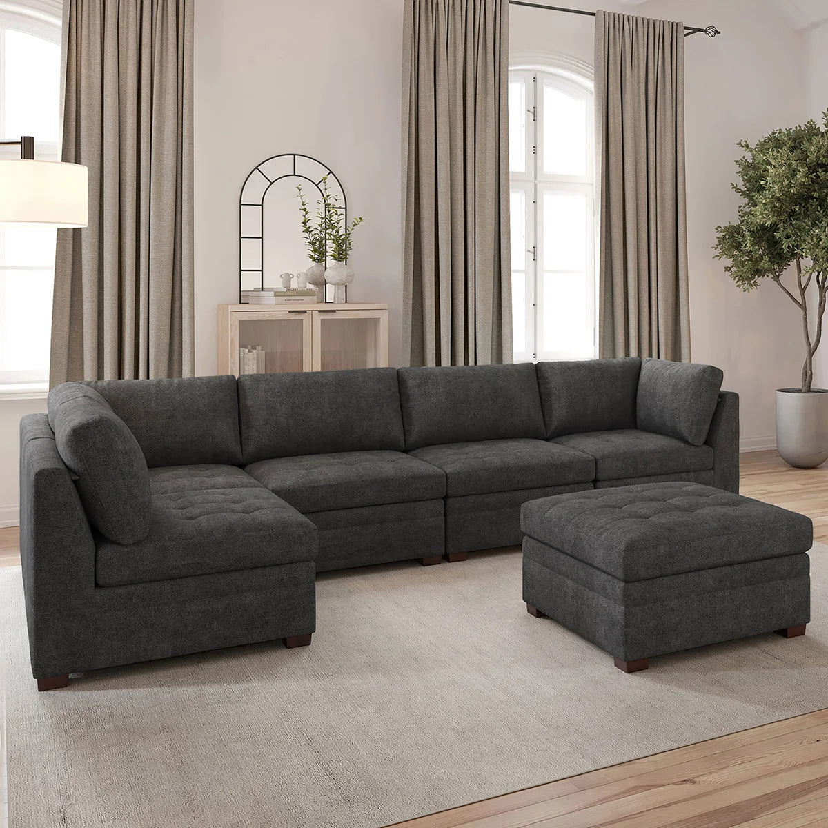 Fabric Modular Sectional with Storage Ottoman - Dark Gray
