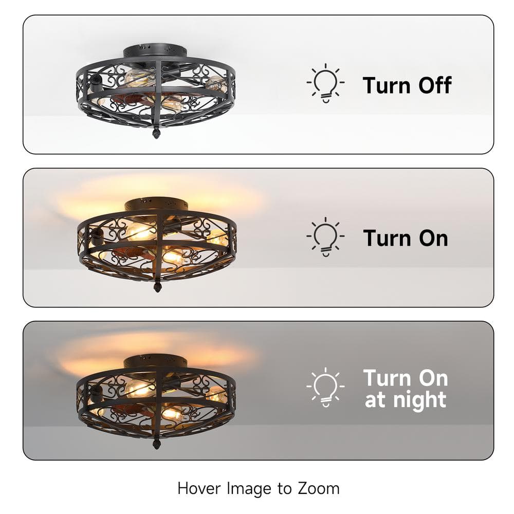 19.6 in. Indoor Black 4 - Light Wood Modern Industrial Metal Flush Mount Cage Ceiling Fan with Light Fixture with Remote - Stu's Home Improvement Outlet