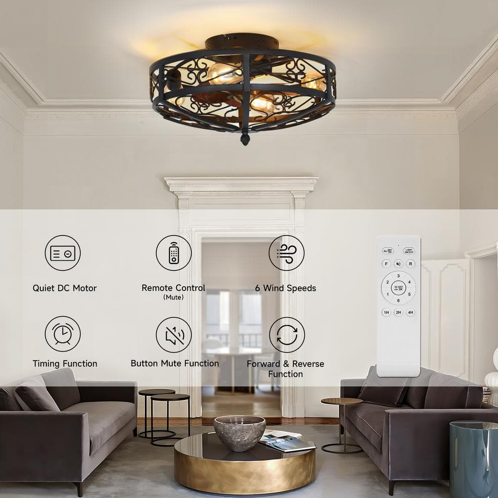 19.6 in. Indoor Black 4 - Light Wood Modern Industrial Metal Flush Mount Cage Ceiling Fan with Light Fixture with Remote - Stu's Home Improvement Outlet