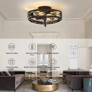19.6 in. Indoor Black 4 - Light Wood Modern Industrial Metal Flush Mount Cage Ceiling Fan with Light Fixture with Remote - Stu's Home Improvement Outlet