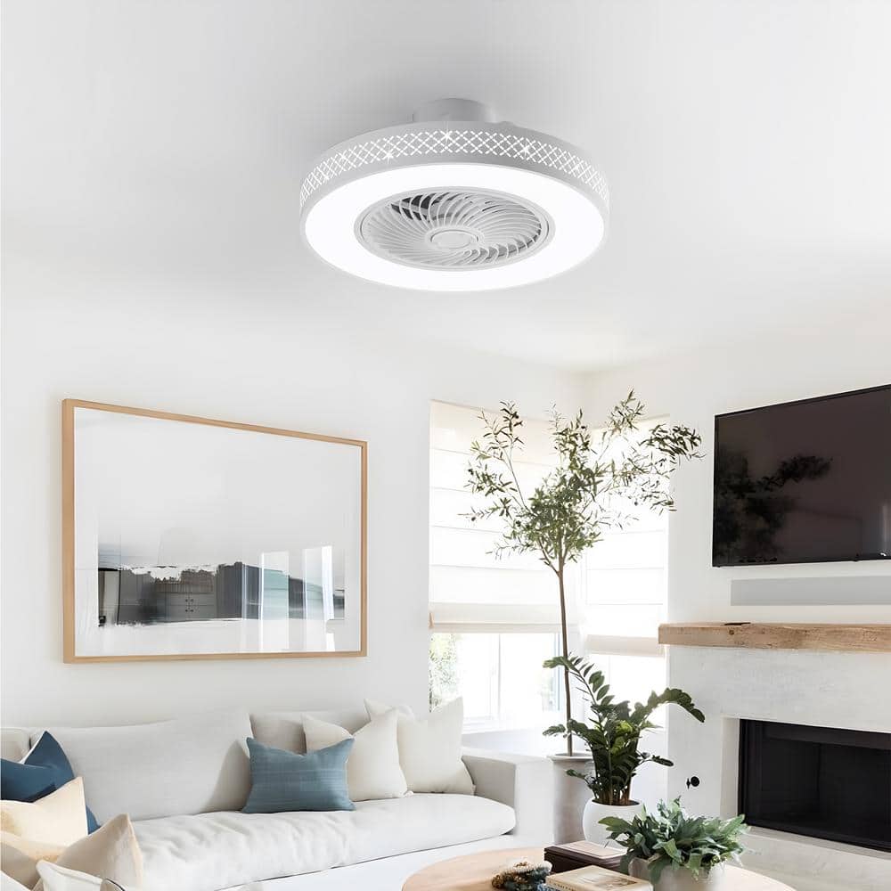 20 in. LED Indoor White Dimmable Modern Cage Bladeless Low Profile Flush Mount Ceiling Fan Light with Remote (2 - Pack) - Stu's Home Improvement Outlet