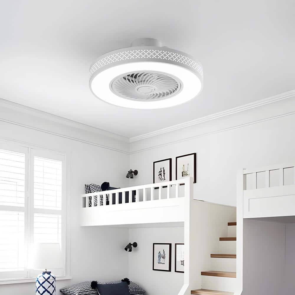 20 in. LED Indoor White Dimmable Modern Cage Bladeless Low Profile Flush Mount Ceiling Fan Light with Remote (2 - Pack) - Stu's Home Improvement Outlet