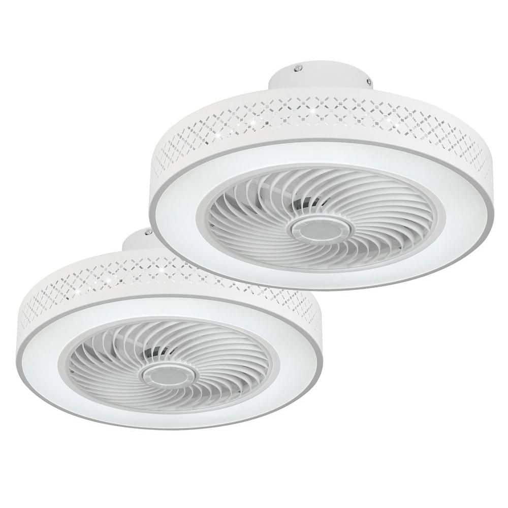 20 in. LED Indoor White Dimmable Modern Cage Bladeless Low Profile Flush Mount Ceiling Fan Light with Remote (2 - Pack) - Stu's Home Improvement Outlet