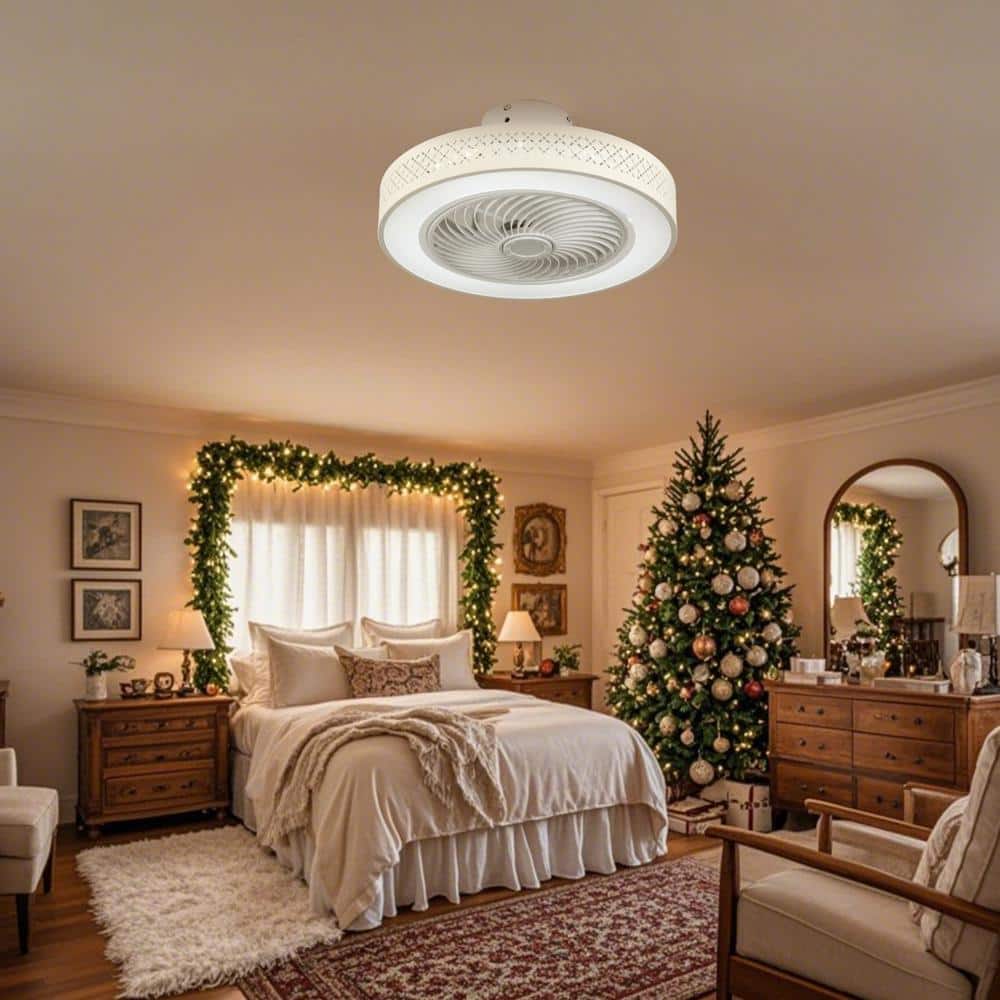 20 in. LED Indoor White Dimmable Matte Modern Cage Low Profile Flush Mount Ceiling Fan Light with Remote Control and App - Stu's Home Improvement Outlet