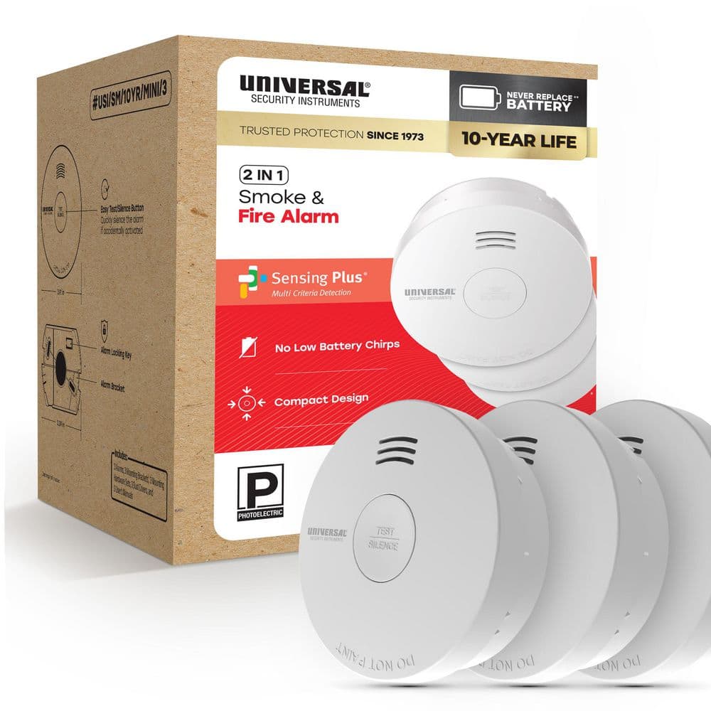 (3-Pack) 10-Year Battery Powered Mini Smoke and Fire Detector with Photoelectric Sensor