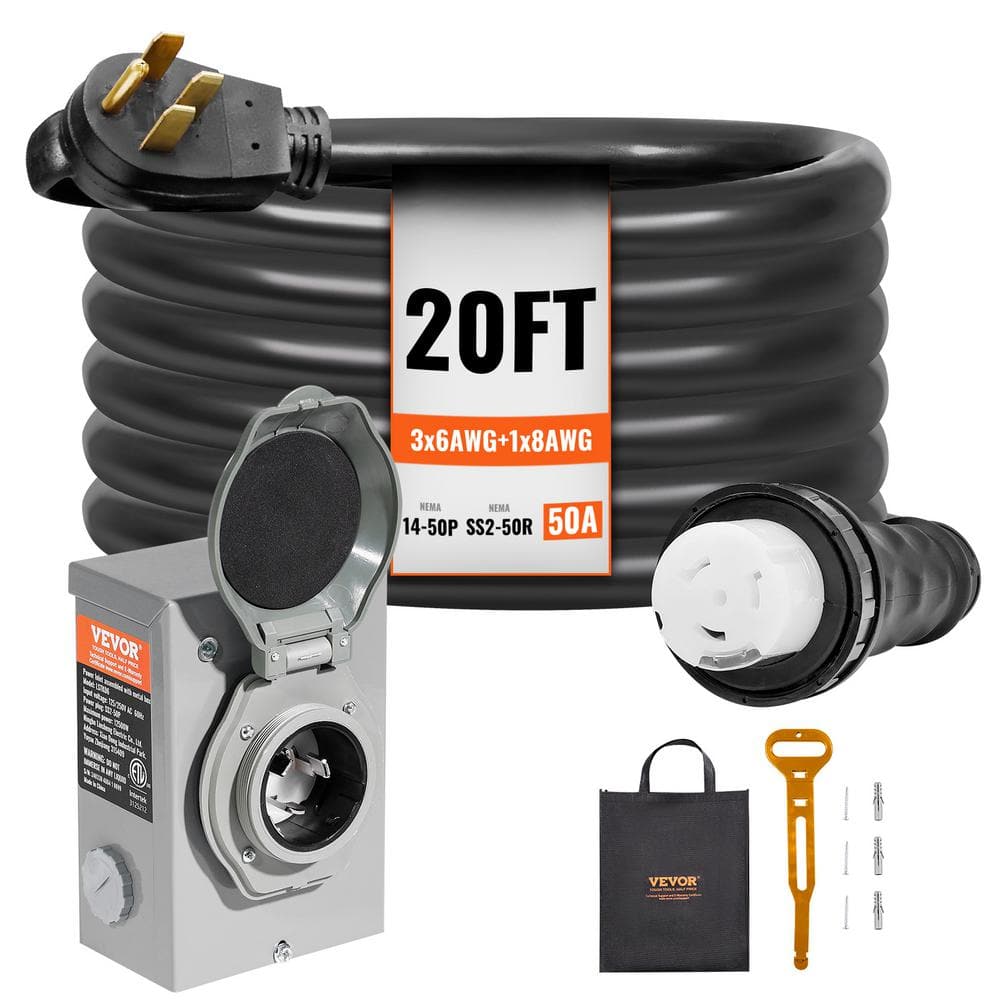 20 ft. 50 Amp 125 - Volt Generator Extension Cord and Power Inlet Box Kit STW 6/3 Plus 8/1 AWG Generator Cord Twist Lock - Stu's Home Improvement Outlet