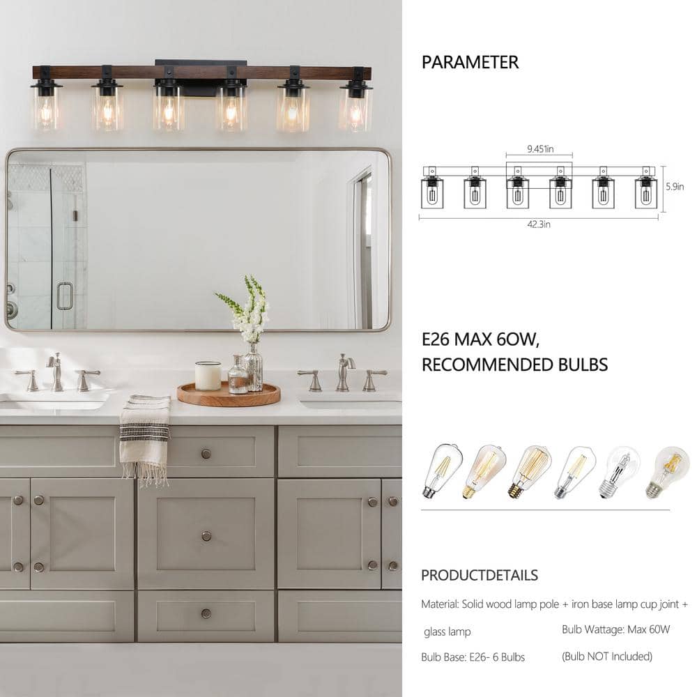Farmhouse 42.3 in. 6 - Light Walnut and Black Bathroom Vanity Light with Glass Shade - Stu's Home Improvement Outlet