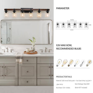 Farmhouse 42.3 in. 6 - Light Walnut and Black Bathroom Vanity Light with Glass Shade - Stu's Home Improvement Outlet