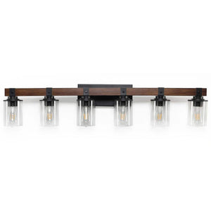Farmhouse 42.3 in. 6 - Light Walnut and Black Bathroom Vanity Light with Glass Shade - Stu's Home Improvement Outlet