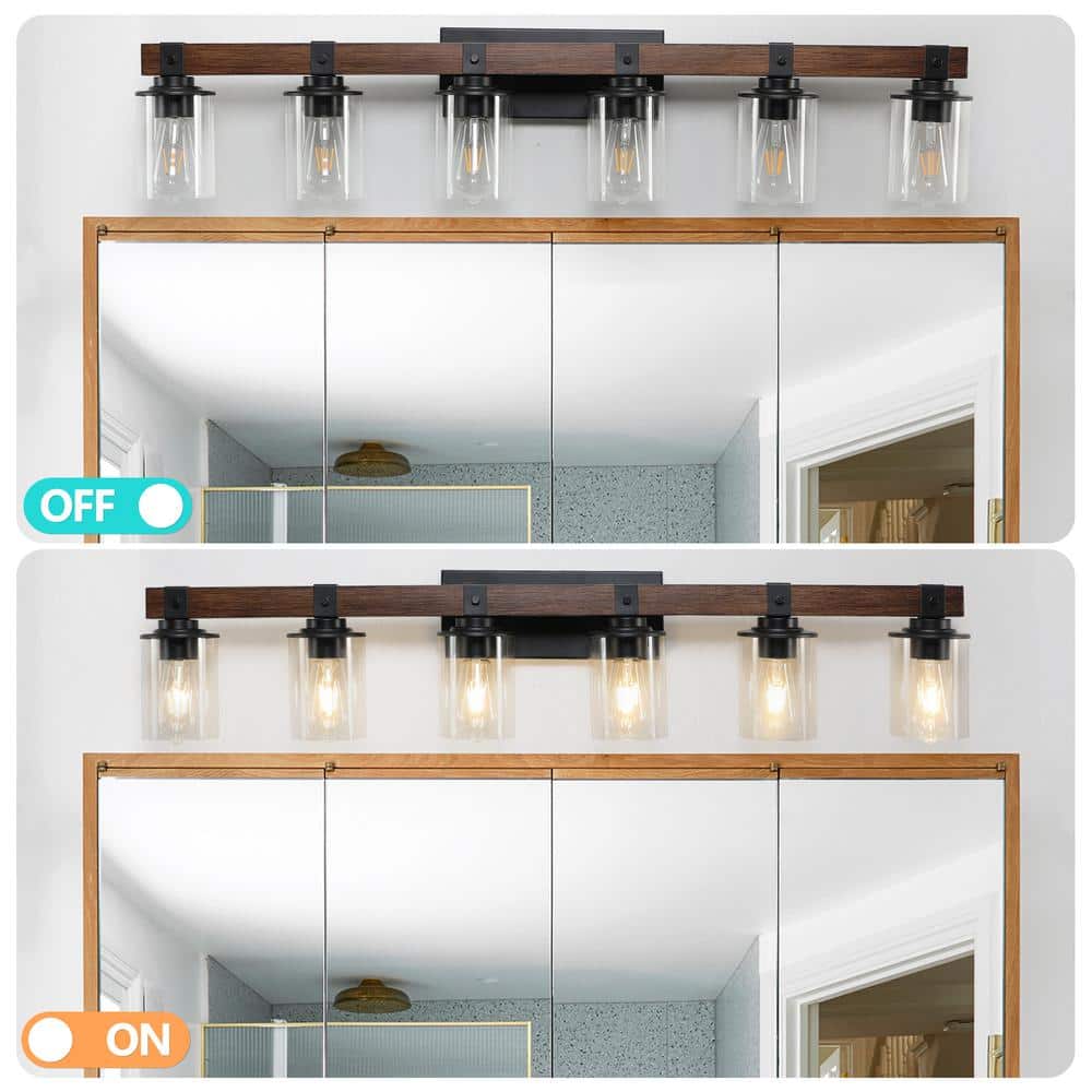 Farmhouse 42.3 in. 6 - Light Walnut and Black Bathroom Vanity Light with Glass Shade - Stu's Home Improvement Outlet