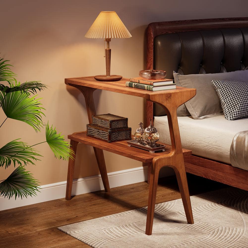 Kerlin 27.56 in. Walnut Rectangular Wood End Table Narrow Sofa Side Table with 2 - Tier Shelves for Living Room, Bedroom - Stu's Home Improvement Outlet