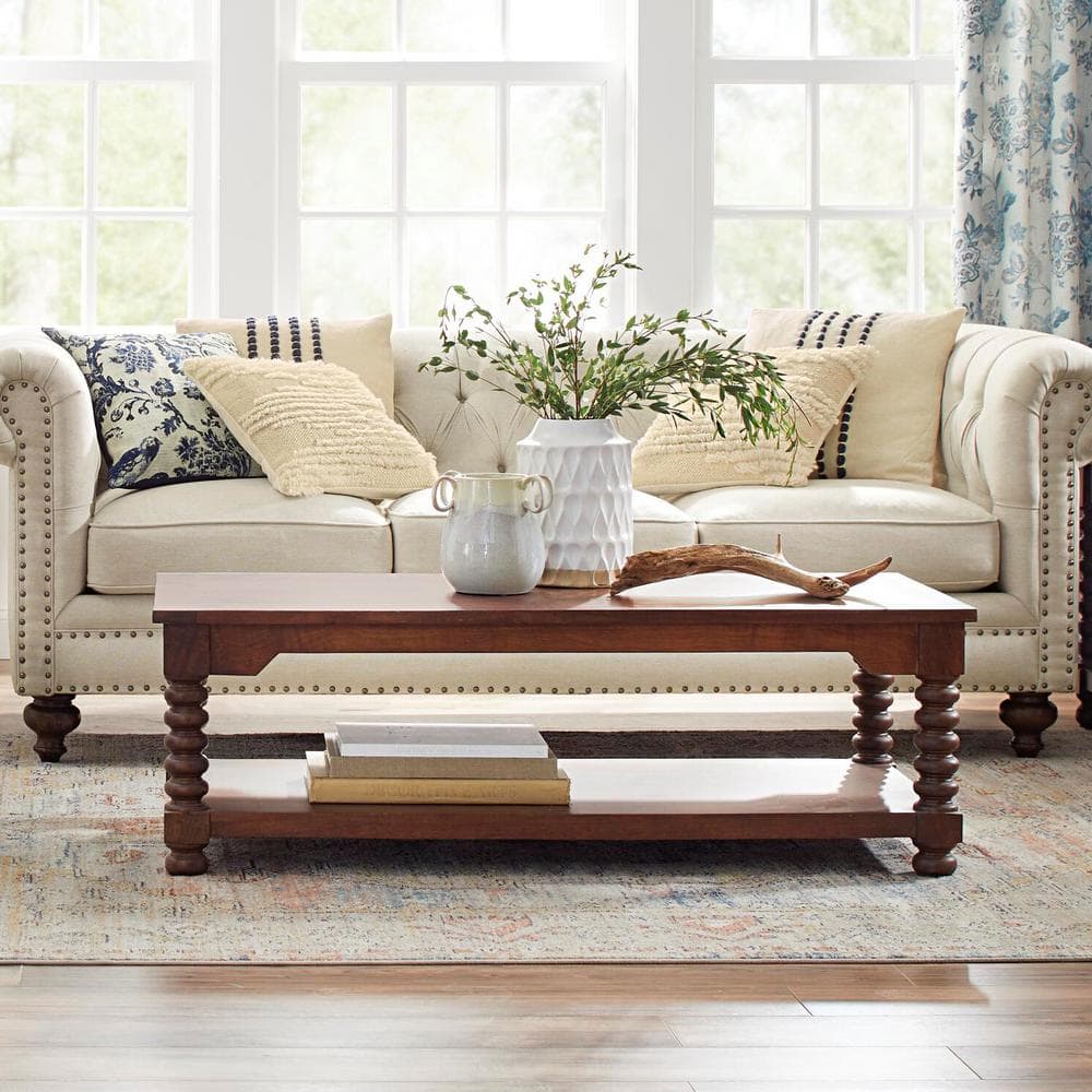 Glenmore 54 in. Large Walnut Brown Rectangle Wood Coffee Table with Detailed Legs - Stu's Home Improvement Outlet