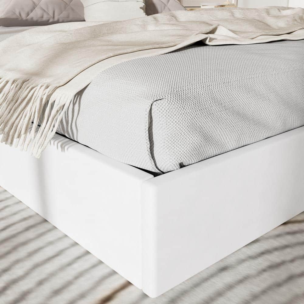 White Frame King Size Upholstered Platform Bed with Lift - Up Storage Supported by Metal and Wooden Slats - Stu's Home Improvement Outlet