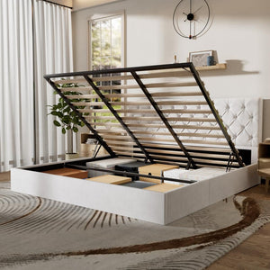 White Frame King Size Upholstered Platform Bed with Lift - Up Storage Supported by Metal and Wooden Slats - Stu's Home Improvement Outlet