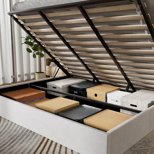 White Frame King Size Upholstered Platform Bed with Lift - Up Storage Supported by Metal and Wooden Slats - Stu's Home Improvement Outlet
