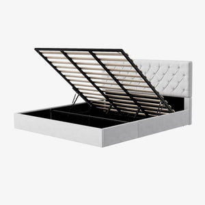 White Frame King Size Upholstered Platform Bed with Lift - Up Storage Supported by Metal and Wooden Slats - Stu's Home Improvement Outlet