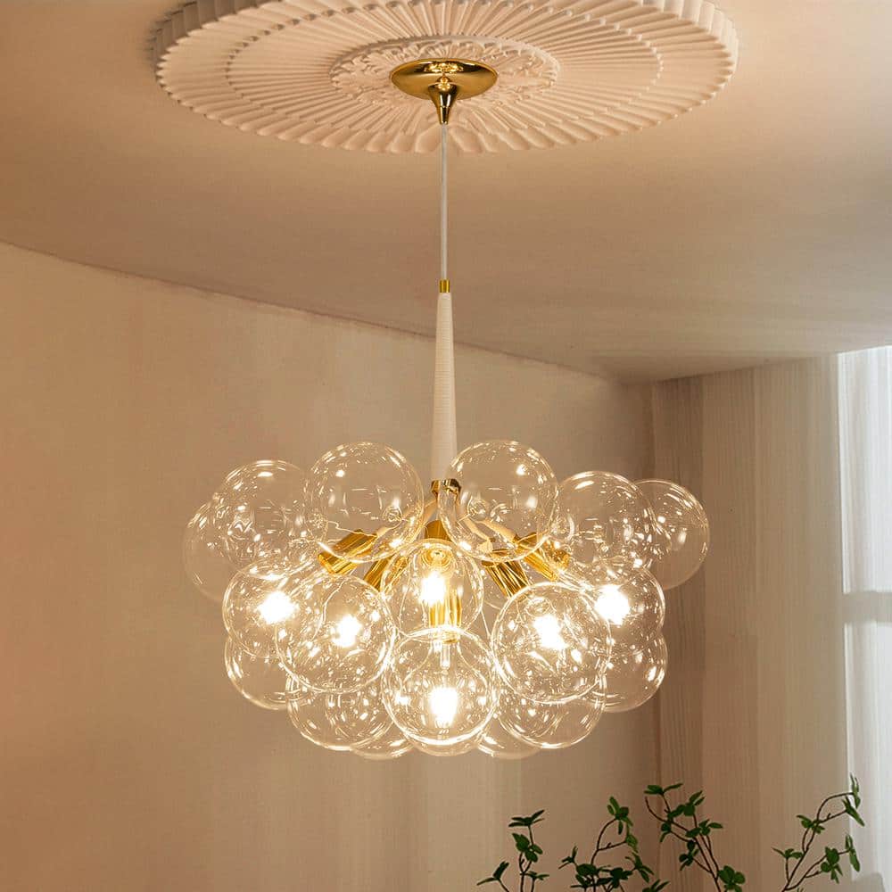Alma 6-Light 24.8 in.W Gold Bubble Chandelier with White Leather, 18 Clear Light Glass Globes and LED Bulbs Included