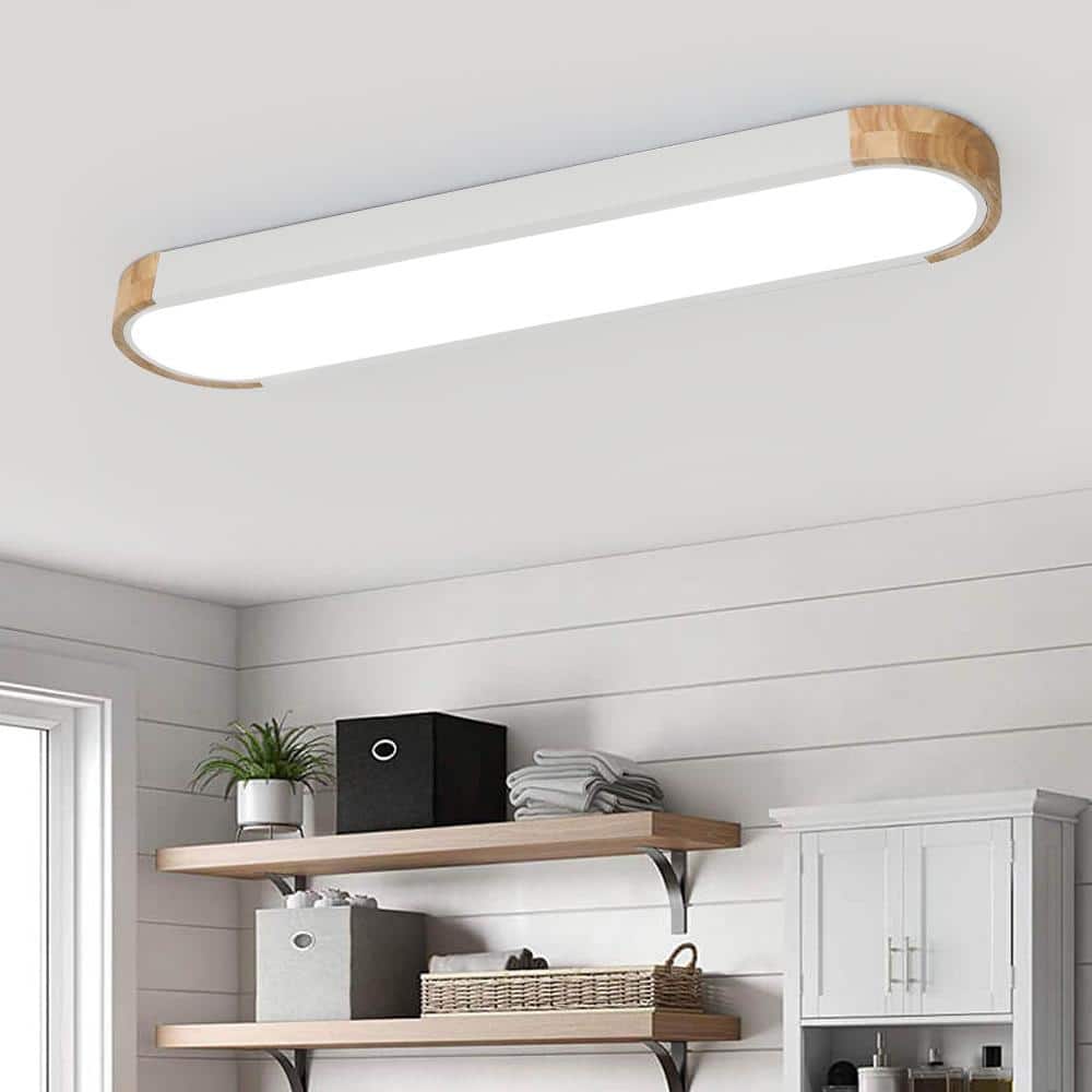 Lumin 38 in. W 1-Light White and Wood Integrated LED Flush Mount Minimalist Long Oval Ceiling Light for Bathroom/Kitchen