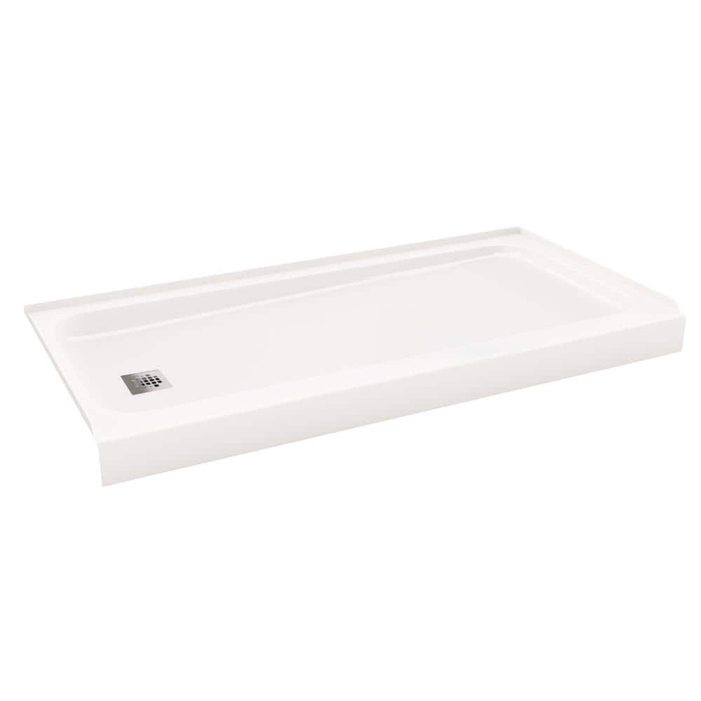 ShowerCast Plus 60 in. x 32 in. Single Threshold Shower Pan in White Includes Square Chrome Shower Drain Kit Left Drain - Stu's Home Improvement Outlet