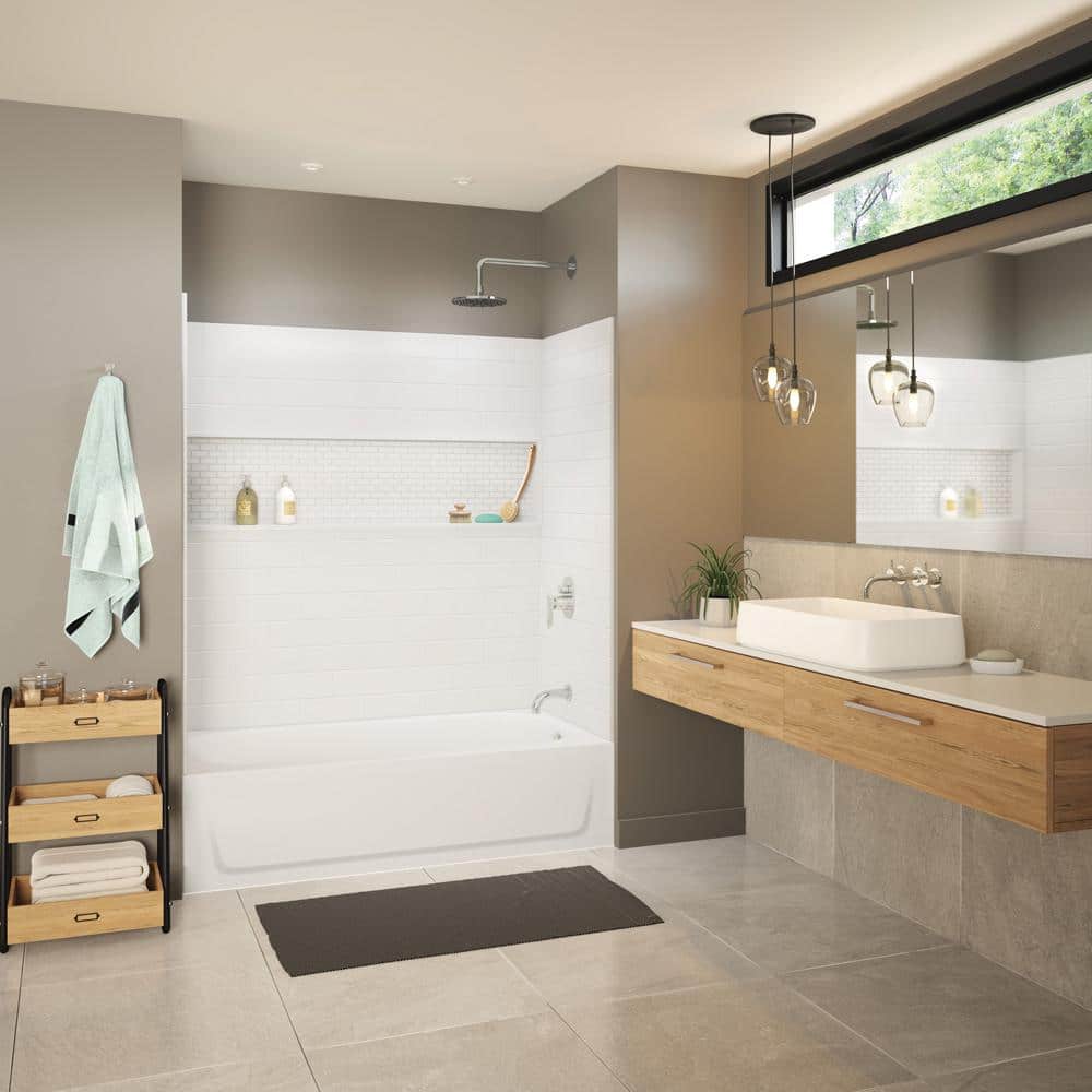 Modern bathroom featuring a tub, shower, sink, wooden accents, and stylish lighting.