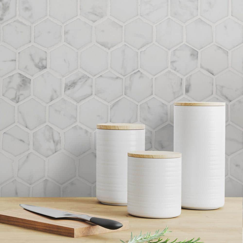Carrara White 6 in. x 6 in. Hexagon Recycled Glass Marble Looks Floor and Wall Mosaic Tile (0.25 sq. ft./Case) - Stu's Home Improvement Outlet