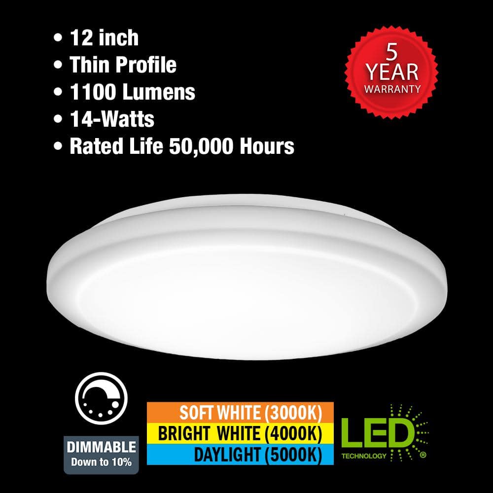 Commercial Electric 12 in. Low Profile LED Flush Mount Round Closet Light Fixture 1100 Lumens 3000K 4000K 5000K Dimmable Hallway Stairwell - Stu's Home Improvement Outlet