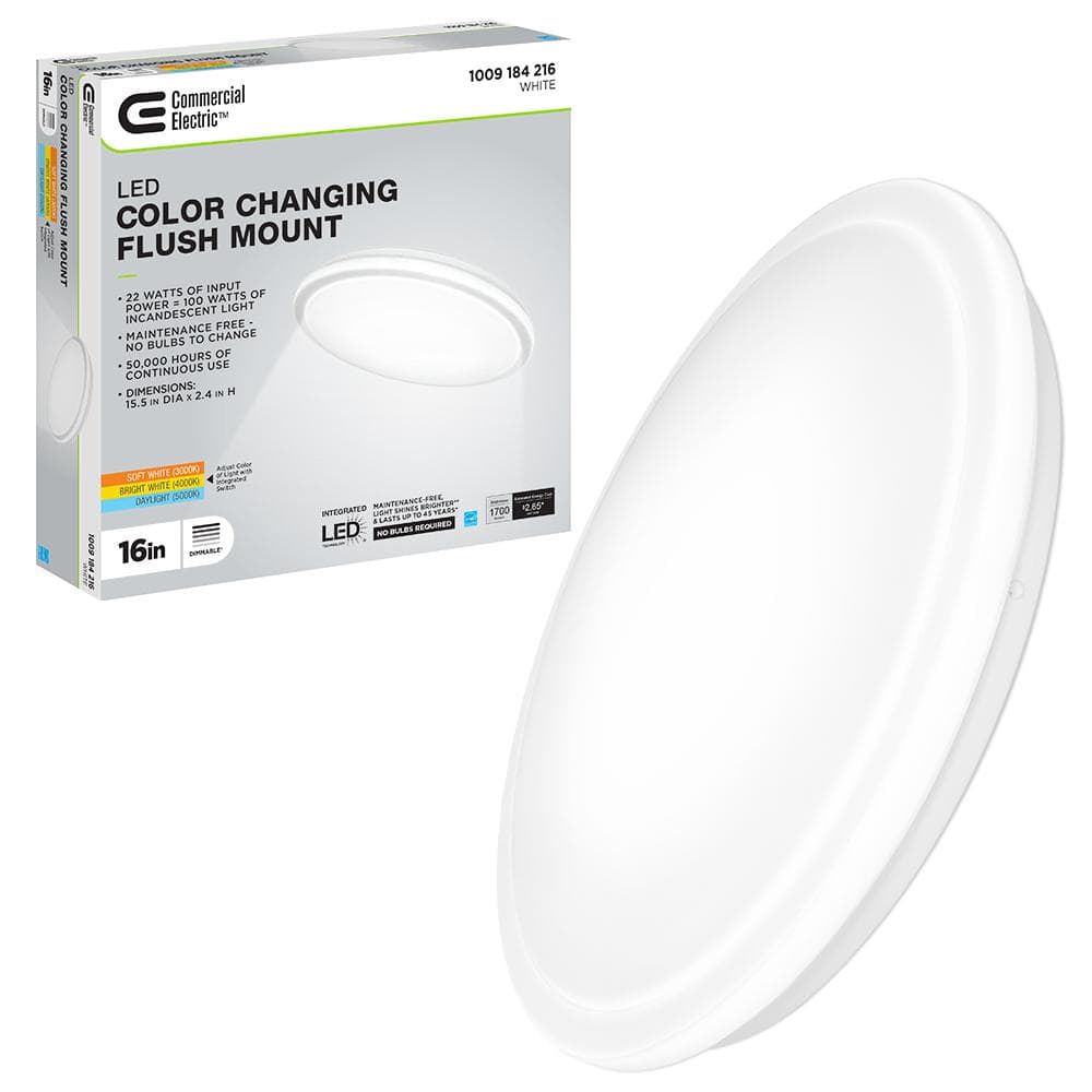 Commercial Electric 16 in. Low Profile LED Flush Mount Round Closet Light Fixture 1700 Lumens 3000K 4000K 5000K Dimmable Hallway Stairwell - Stu's Home Improvement Outlet