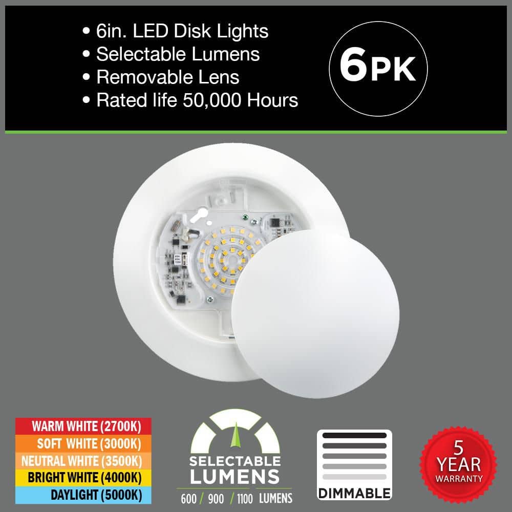 6 in. White Disk Light LED Flush Mount Light Fixture 600 - 900 - 1100 Lumens 2700K - 5000K Dimmable J - Box Compatible (6 - Pack) - Stu's Home Improvement Outlet