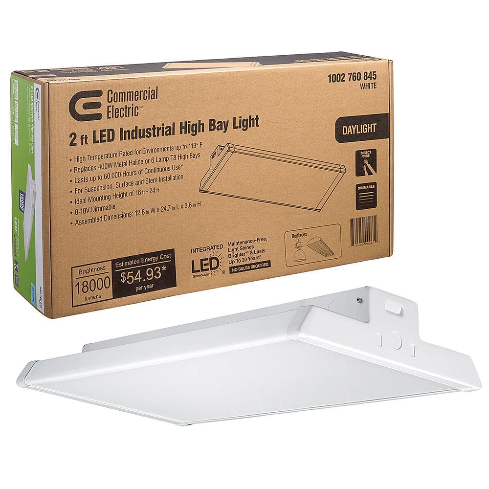 Commercial Electric 2 ft. 400 - Watt Equivalent 18,000 Lumens 171 - Watts Integrated LED Dimmable White High Bay Light 120 - 277 Volt 5000K - Stu's Home Improvement Outlet