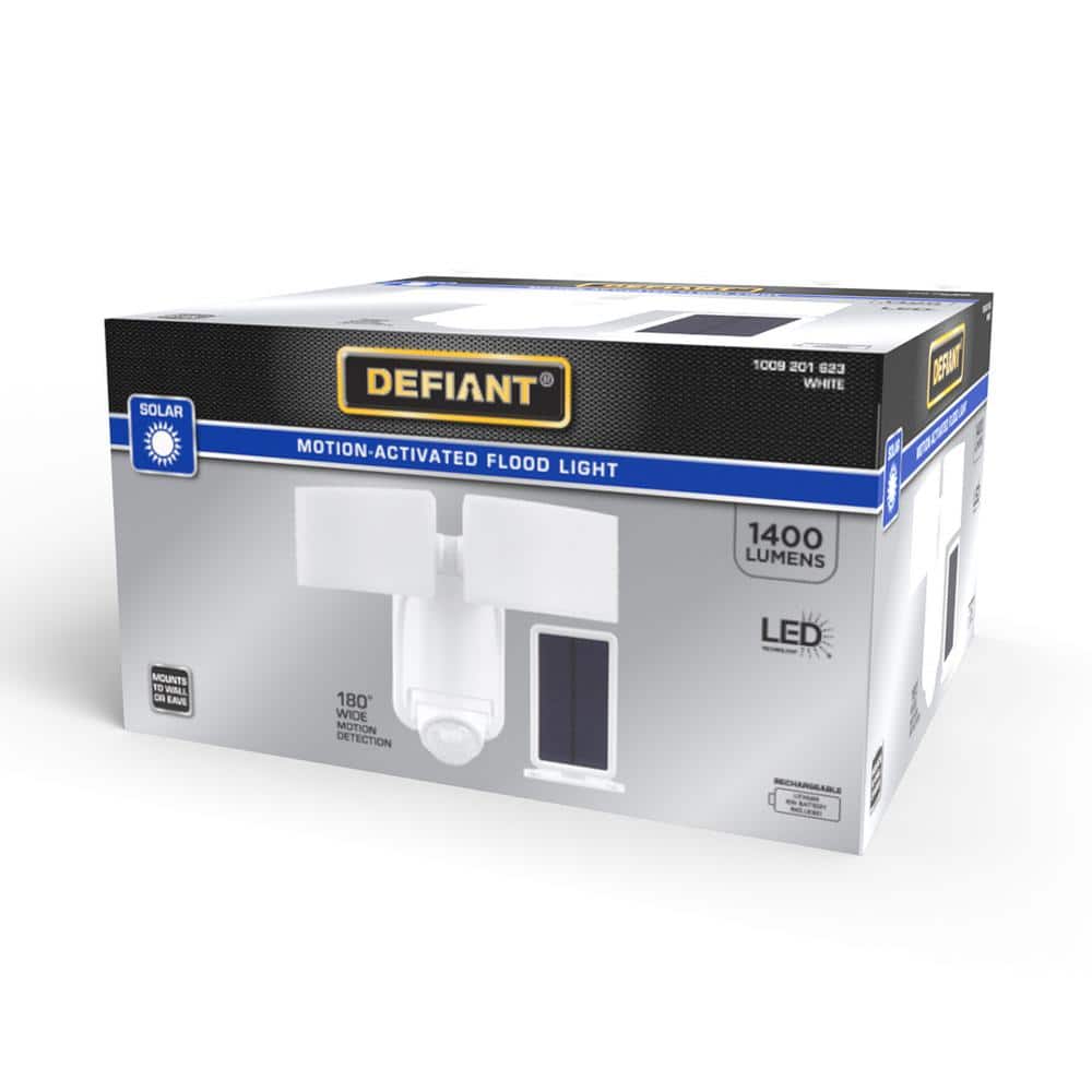 Defiant 180 - Degree White Motion Activated Solar Outdoor 2 - Head Dusk - to - Dawn LED Security Flood Light 1400 Lumens - Stu's Home Improvement Outlet