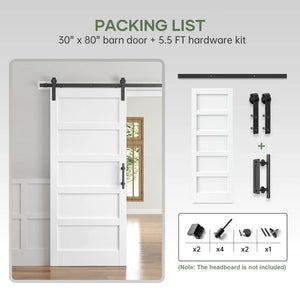 30 in. x 80 in. 5 - Panel Solid MDF White Finished Interior Sliding Barn Door with Hardware Kit - Stu's Home Improvement Outlet