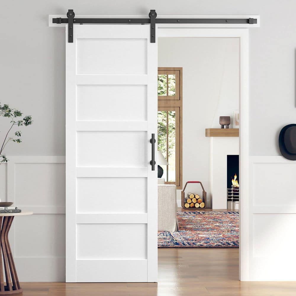 30 in. x 80 in. 5 - Panel Solid MDF White Finished Interior Sliding Barn Door with Hardware Kit - Stu's Home Improvement Outlet