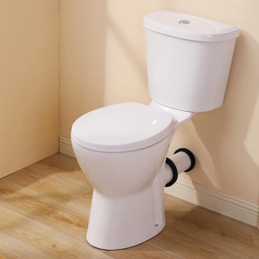 Rear Outlet 2 Piece 1/1.6 GPF Dual Flush Round Toilet in White Soft Closing Seat Included, 19 in Tall Toilet