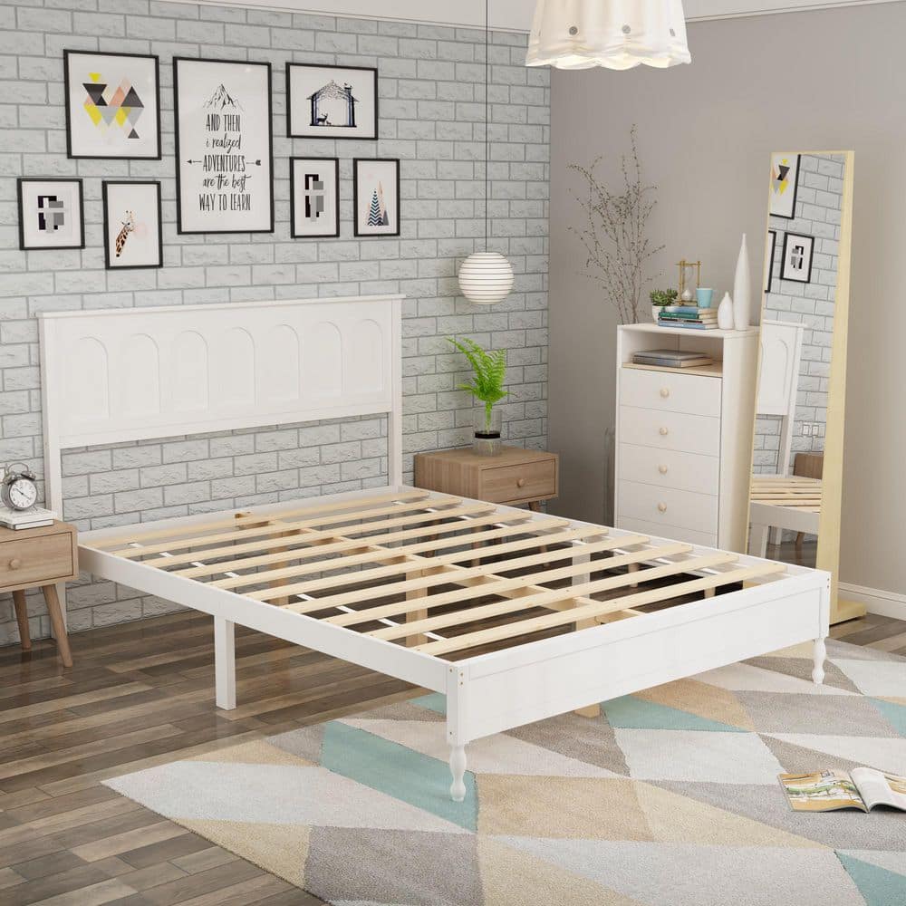 Cream White Wooden Frame Queen Size Couple Panel Bed with French Headboard, French Style Bed