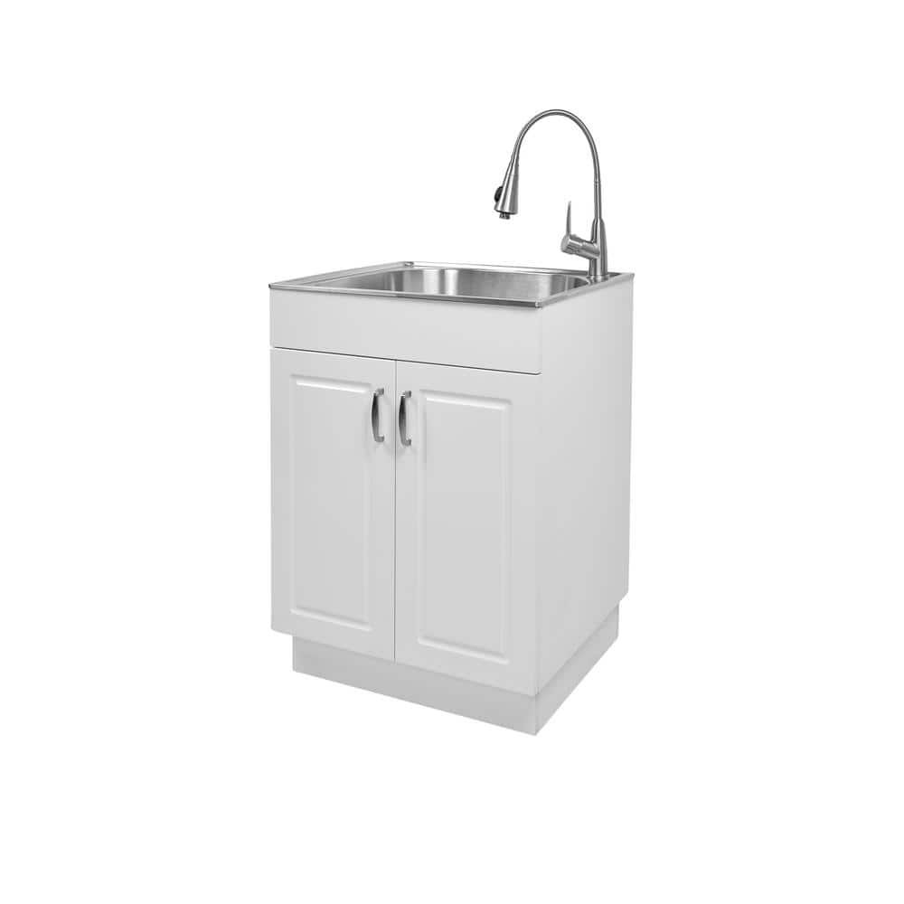 Glacier Bay 24 in. W x 21 in. D x 34 in. L Stainless Steel Laundry/Utility Sink with Faucet and Cabinet in White - Stu's Home Improvement Outlet