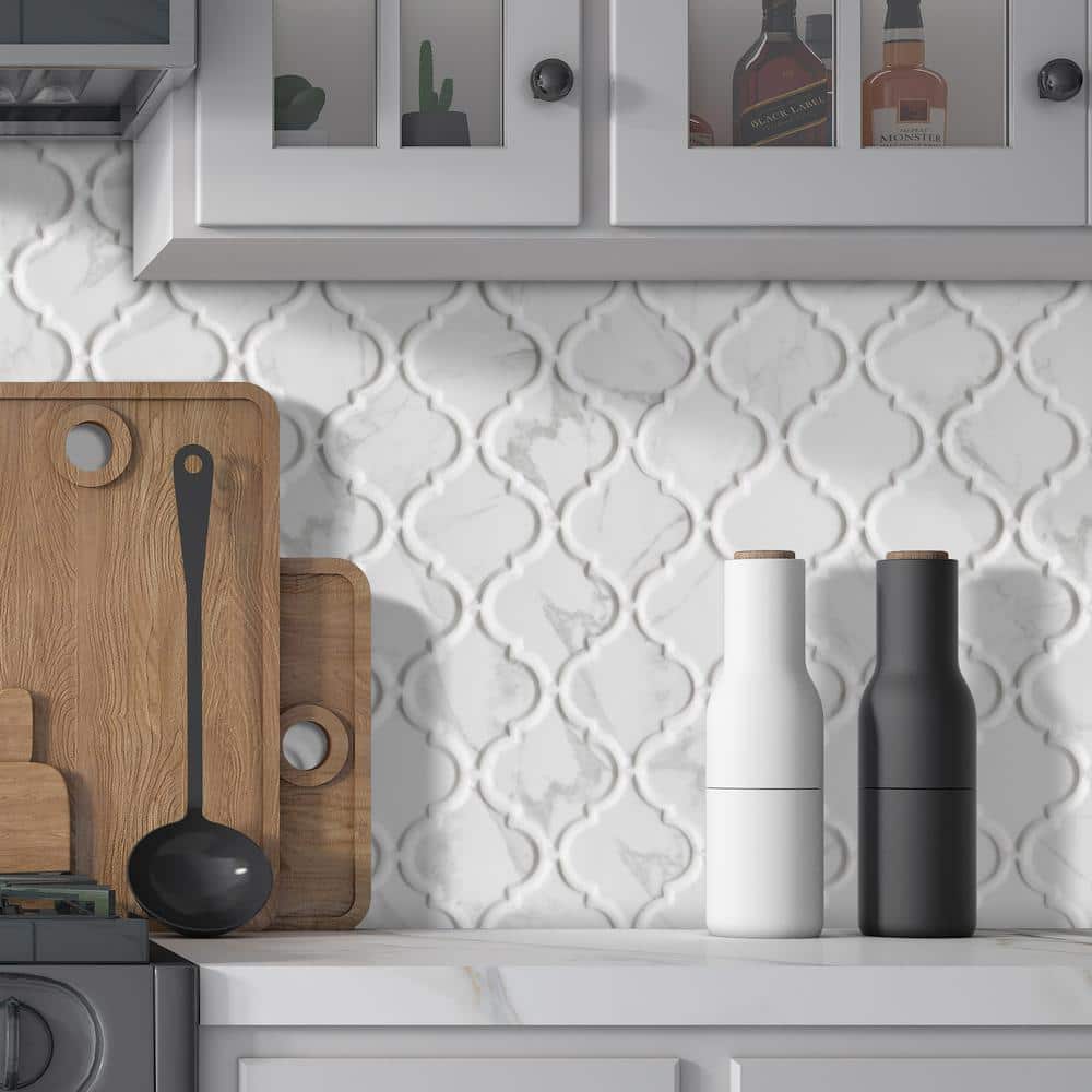 Carrara White Lantern Arabesque 6 in. x 6 in. Recycled Glass 3D Marble Looks Floor and Wall Mosaic Tile (0.25 sq.ft.) - Stu's Home Improvement Outlet