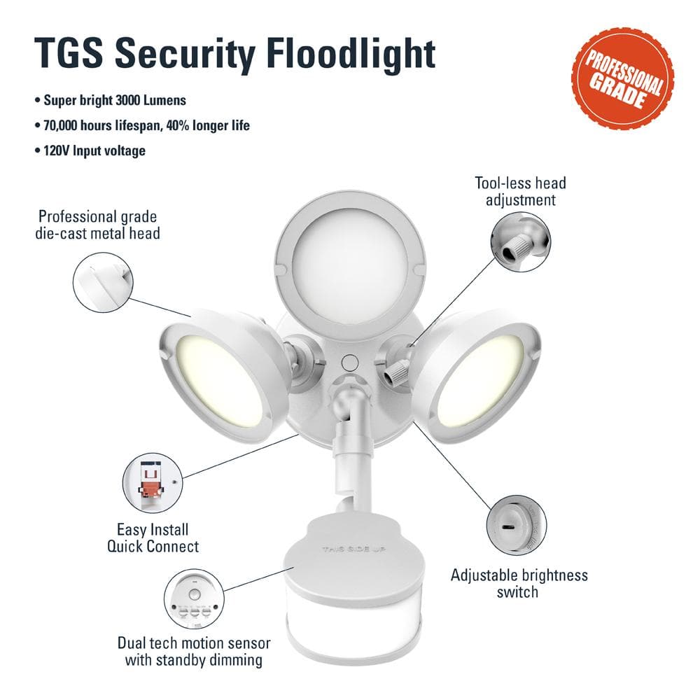 TGS 27 - Watt, White, Motion Activated, Outdoor Integrated LED Flood Light with Round Triple Head, 4000K, 3000 Lumens - Stu's Home Improvement Outlet