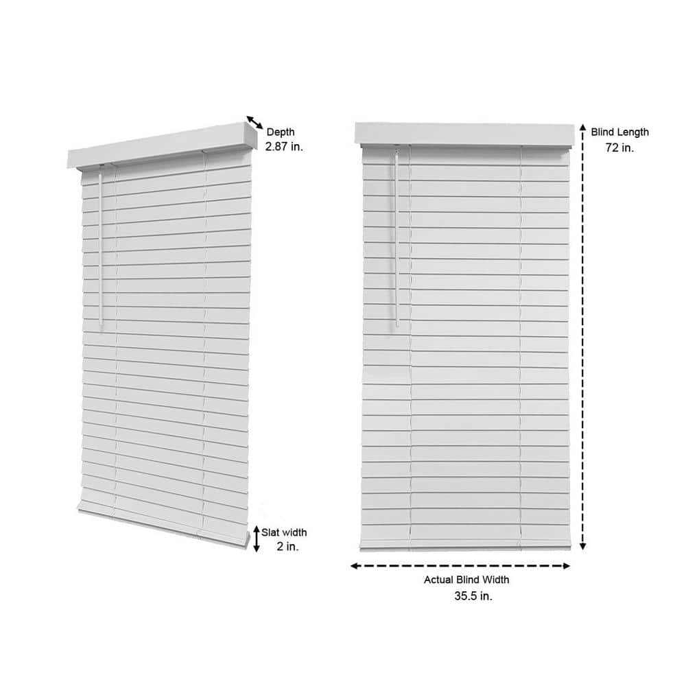 White Cordless Faux Wood Blinds for Windows with 2 in. Slats - 36 in. W x 72 in. L (Actual Size 35.5 in. W x 72 in. L) - Stu's Home Improvement Outlet